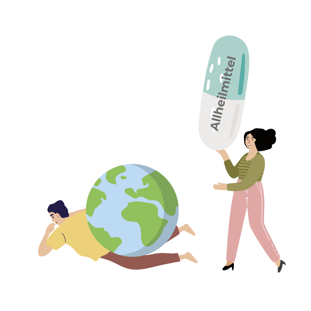 Allheilmittel 4 Illustration: eine Frau hält eine riesige Tablette mit der Aufschrift »Allheilmittel«, daneben schiebt ein Mann eine Weltkugel