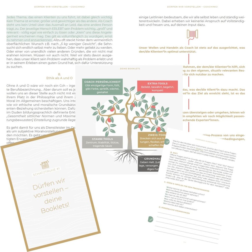 Collage aufgeschlagener Seiten der Campus-Booklets mit dem Titel »Dürfen wir vorstellen – deine Booklets!«