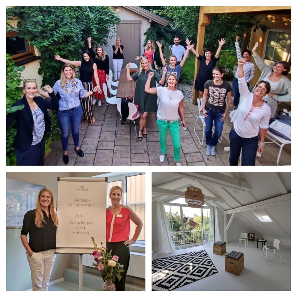 Collage vom Herbstkurs 2020: jubelnde Ausbildungsgruppe im Garten, zwei Trainerinnen am Flipchart, leerer Seminarraum